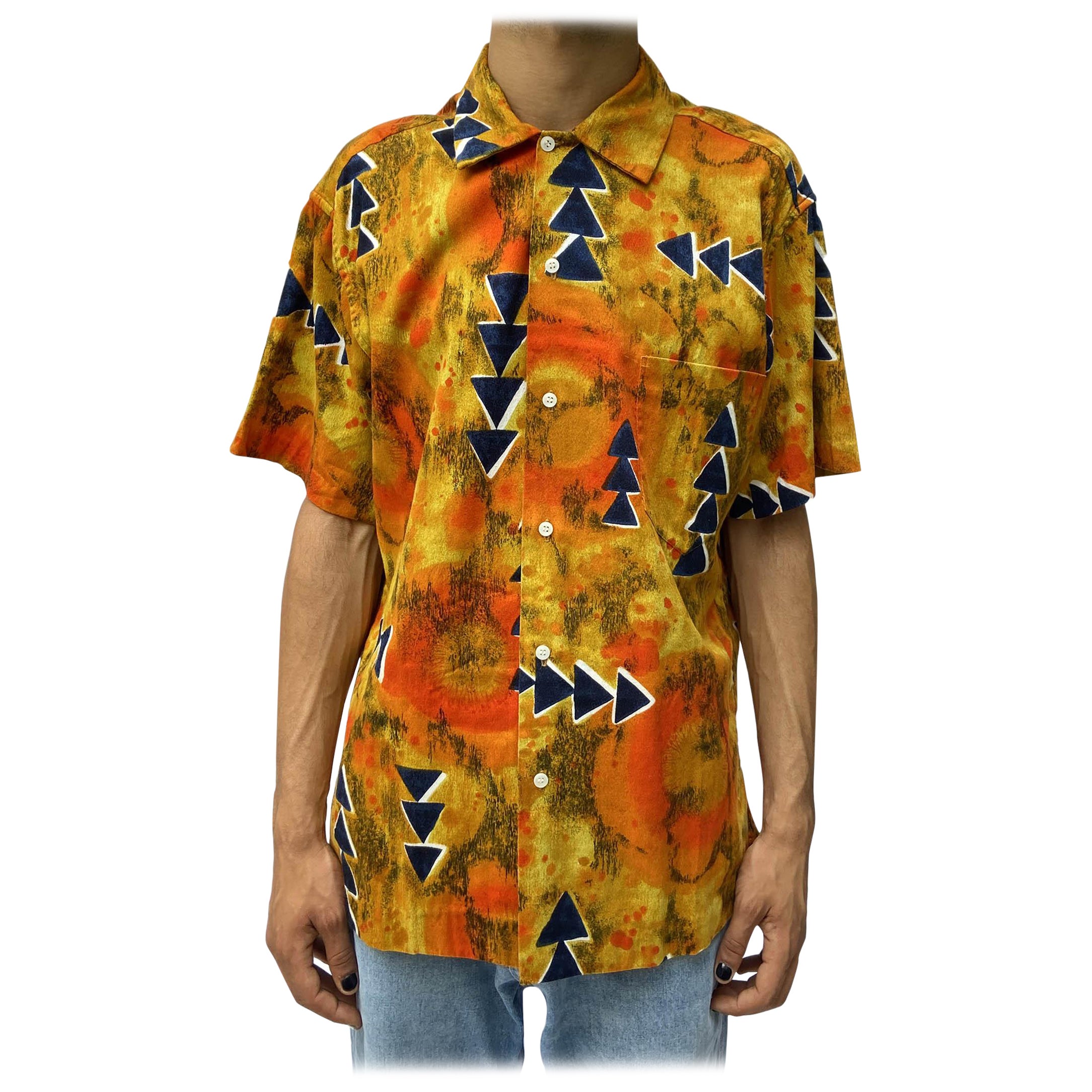 1980S Reyn Spooner Mustard Yellow Tie Dyed Cotton Blue Arrows Hawaiian  Shirt For Sale