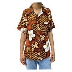 Retro 1970S Brown & Yellow Floral Cotton Zigzag Hawaiian Shirt