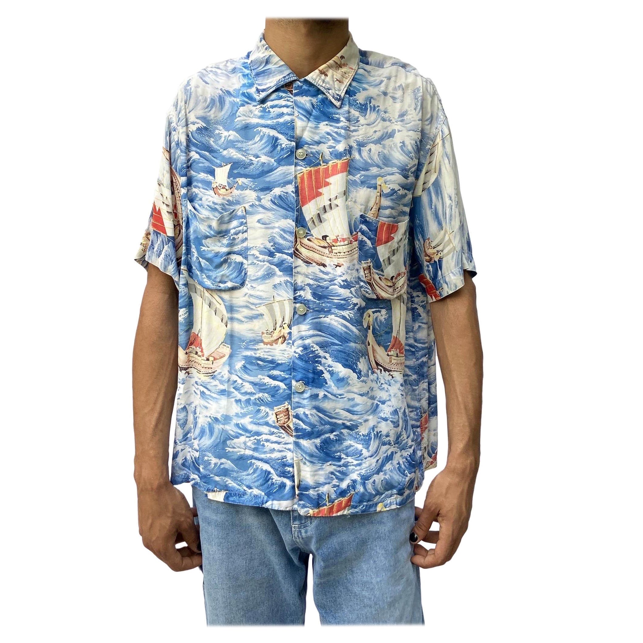 1950S Pennys Blue Waves Rayon Sailboats Hawaiian Shirt For Sale at