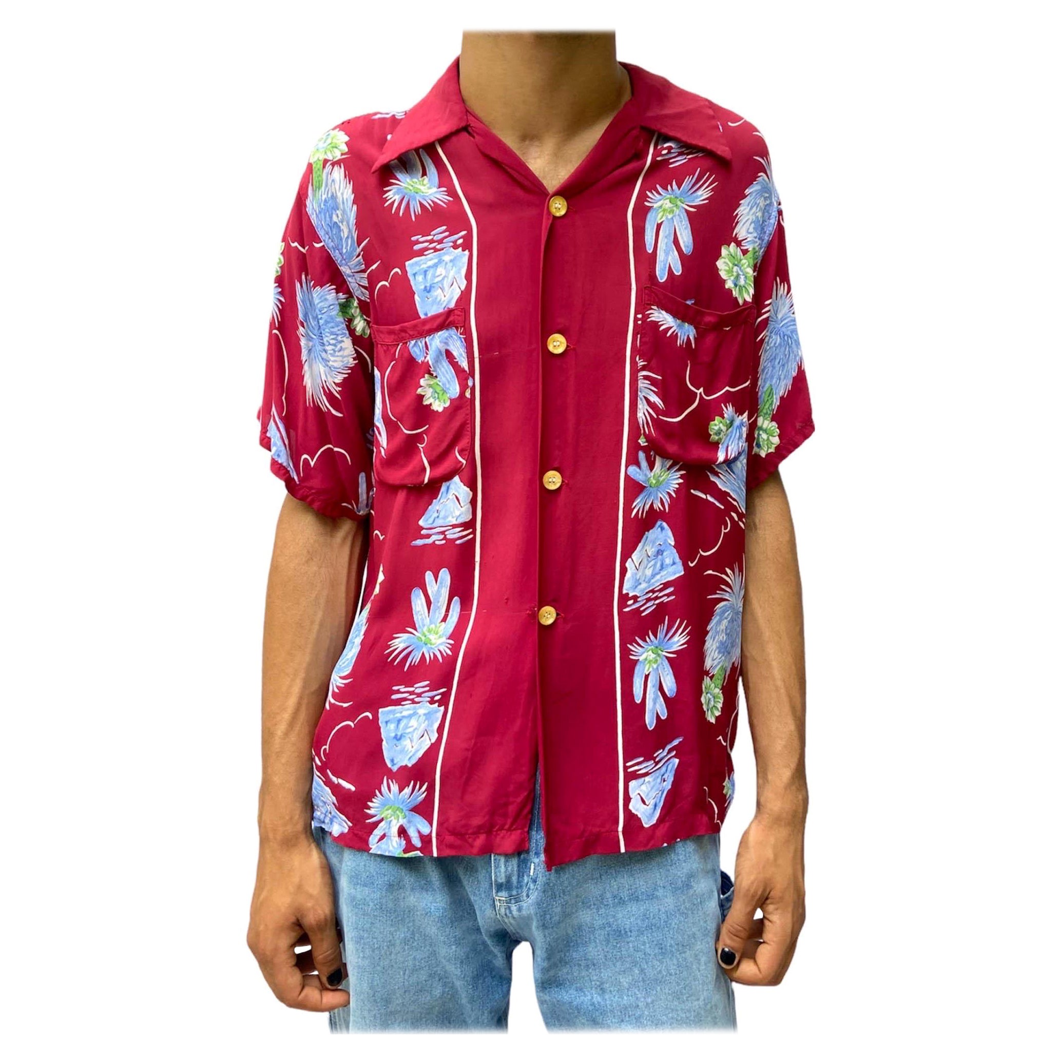 Vintage Clothing Vintage 1950's Size L "Kamehameha" Floral Cotton Loop Collar Tiki Hawaiian Shirt Ropa Ropa de género neutro para adultos Tops y camisetas Camisas Oxford 50's Button Down 