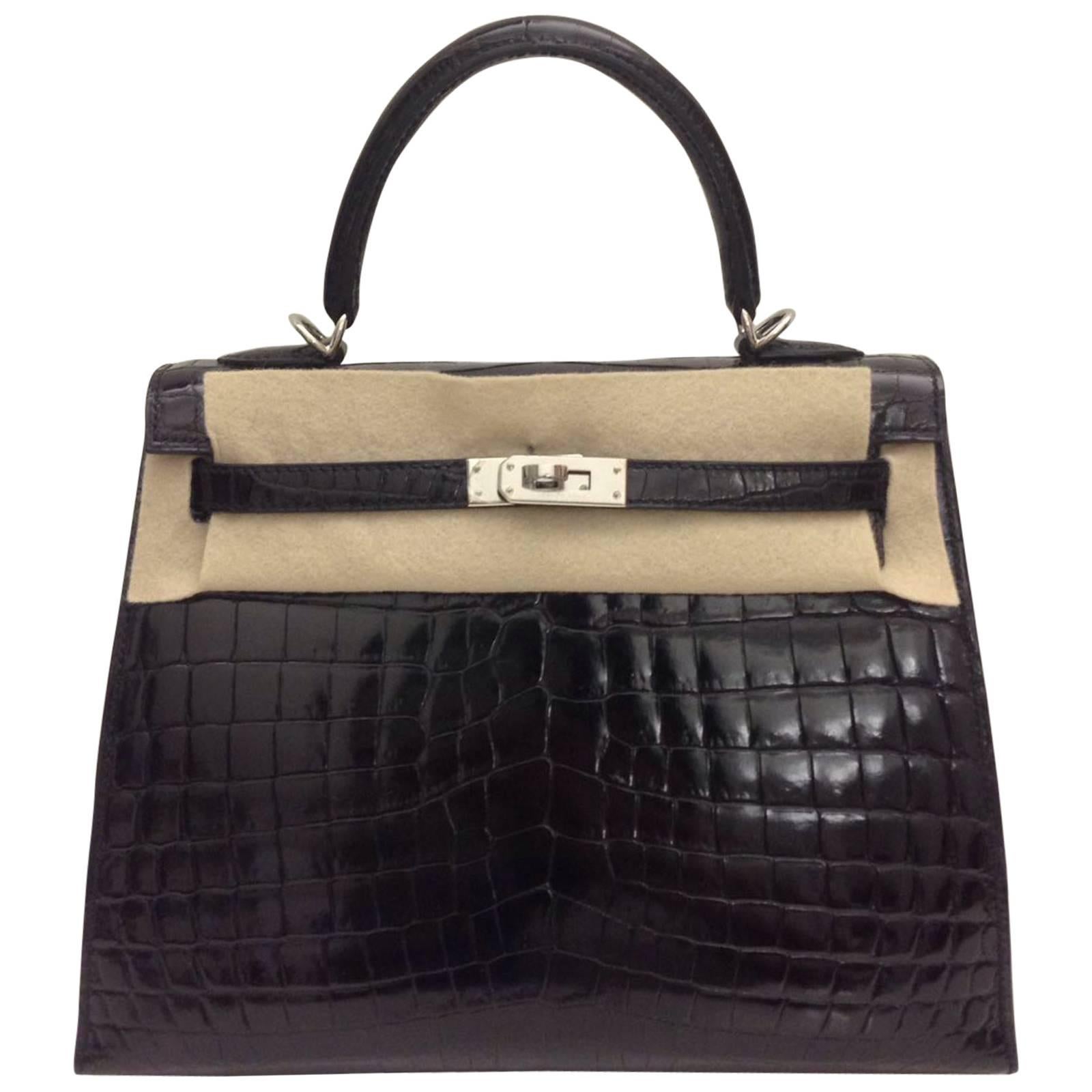 Hermes Kelly 25 Black Shiny Croc PHW