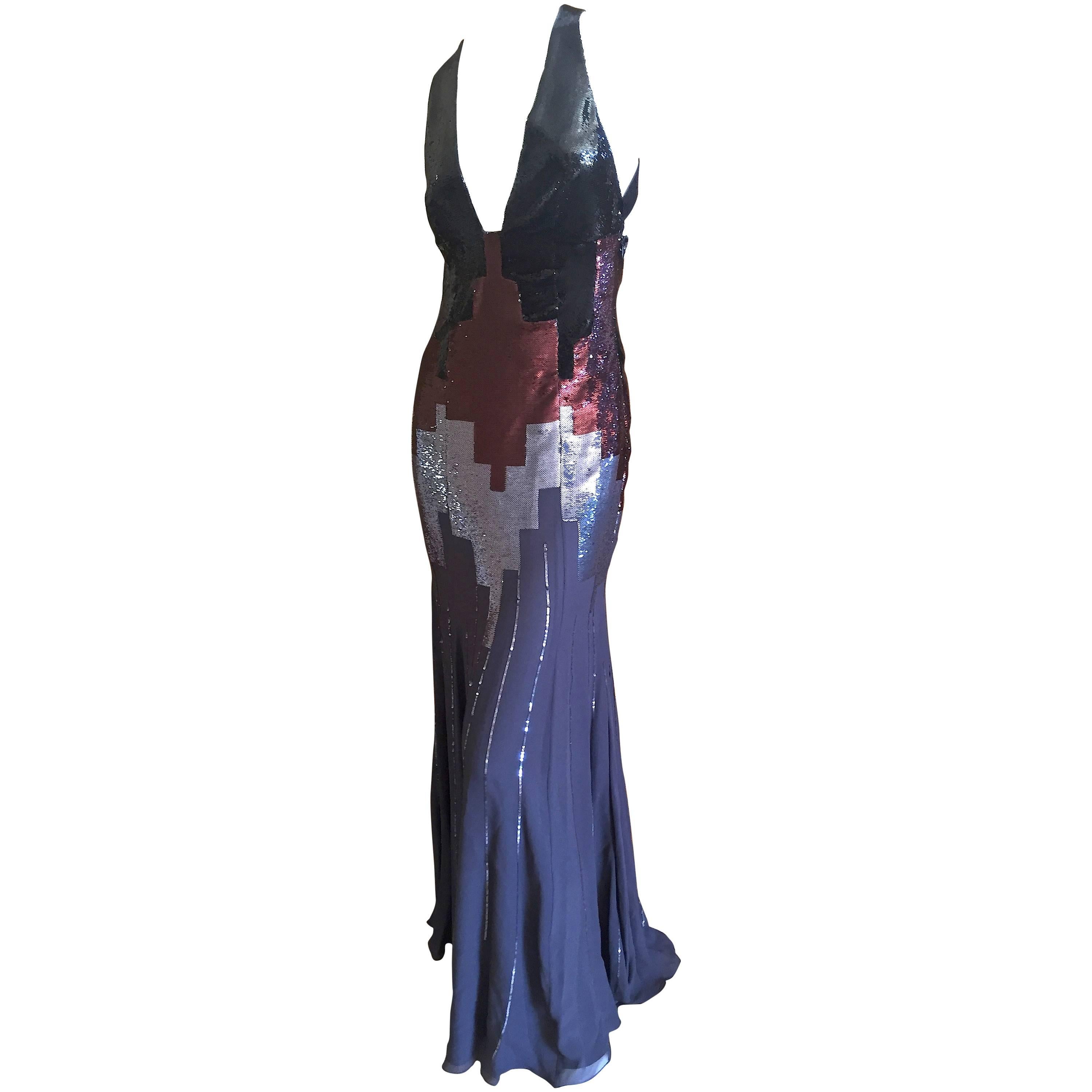 Versace Sequin Evening Dress with Deco Cityscape Design For Sale