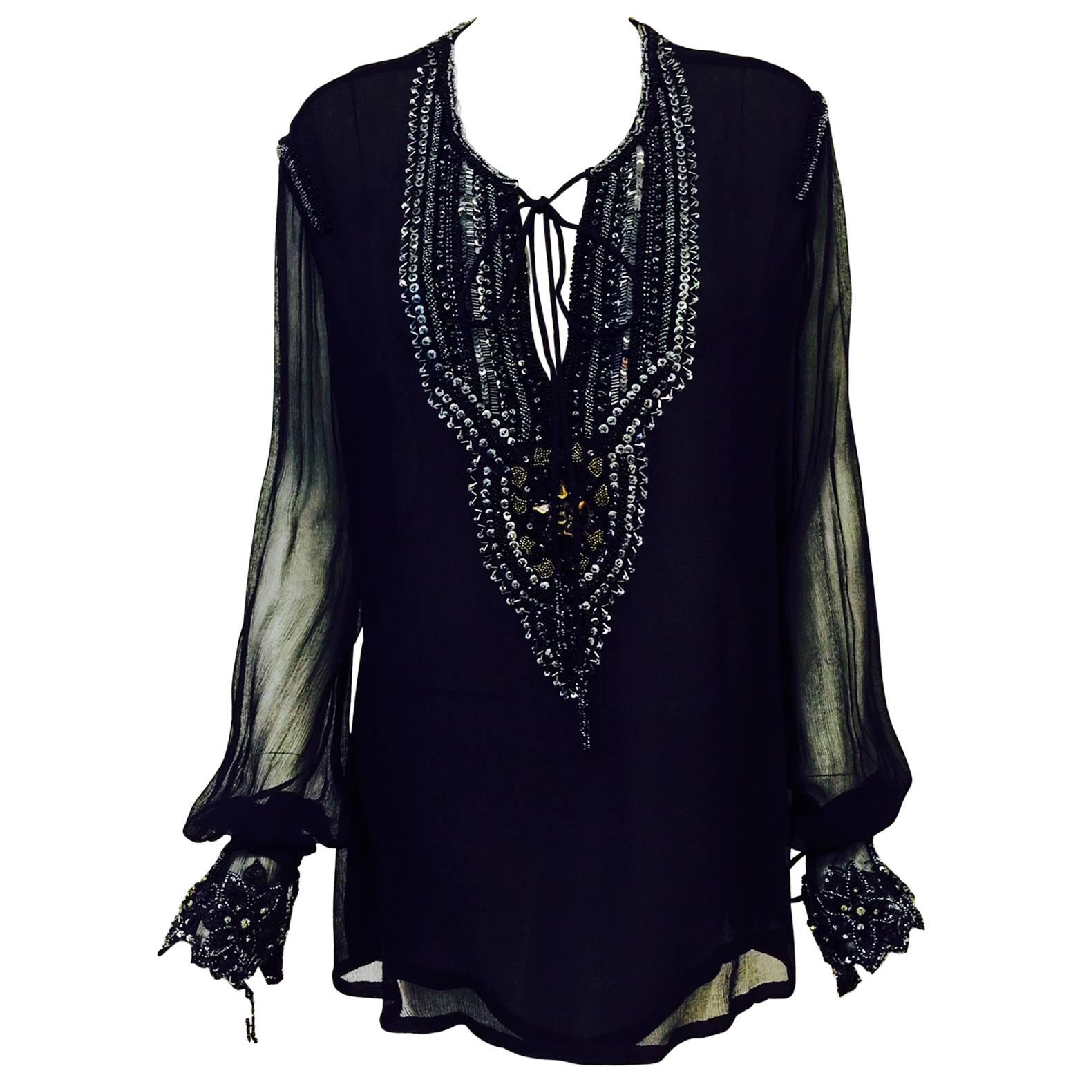 Just Cavalli Black Silk Tunic With Poet Sleeves and Metallic Embroidery 
