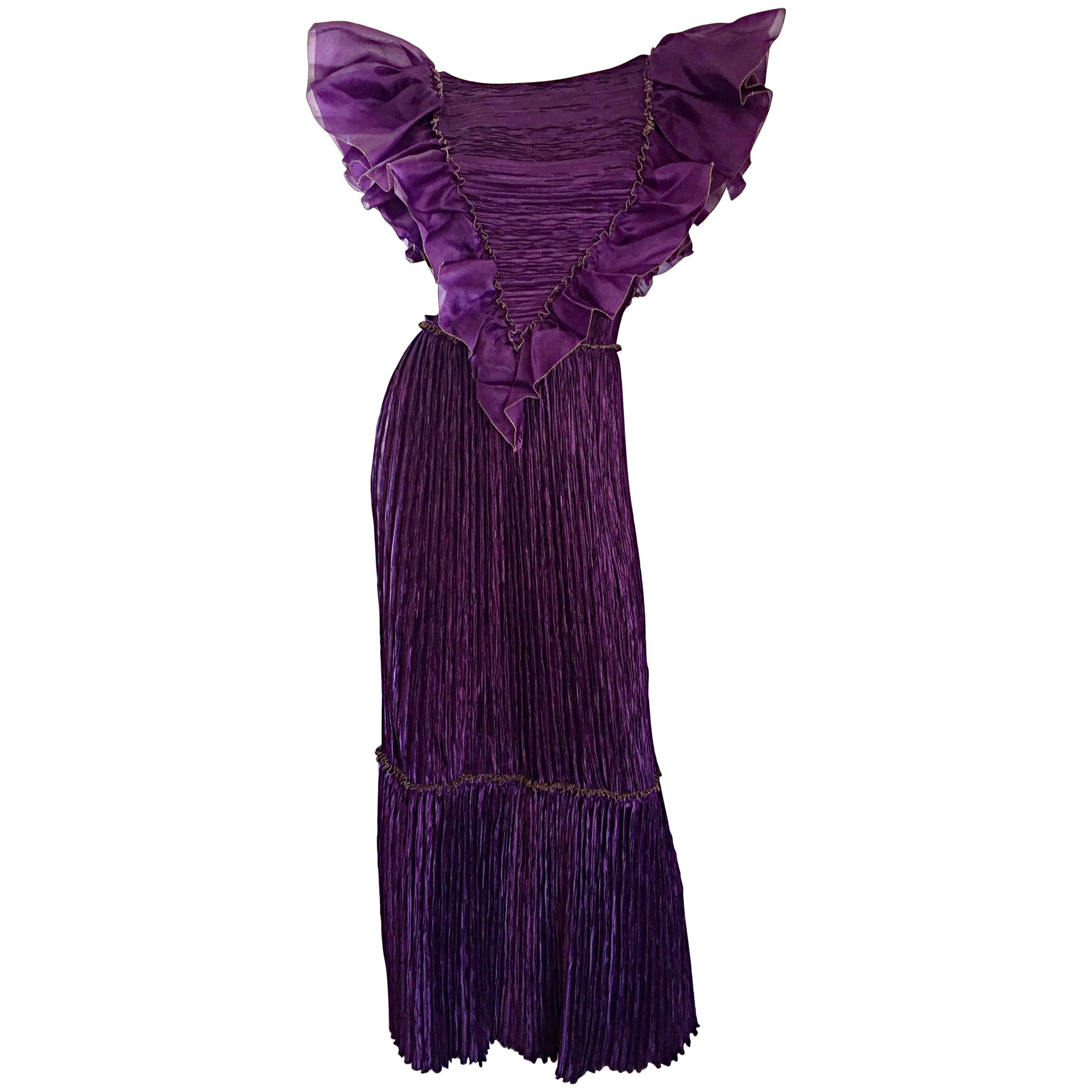 Mary McFadden Couture for Bonwit Teller 80s Purple Fortuny Pleated Ruffle Dress