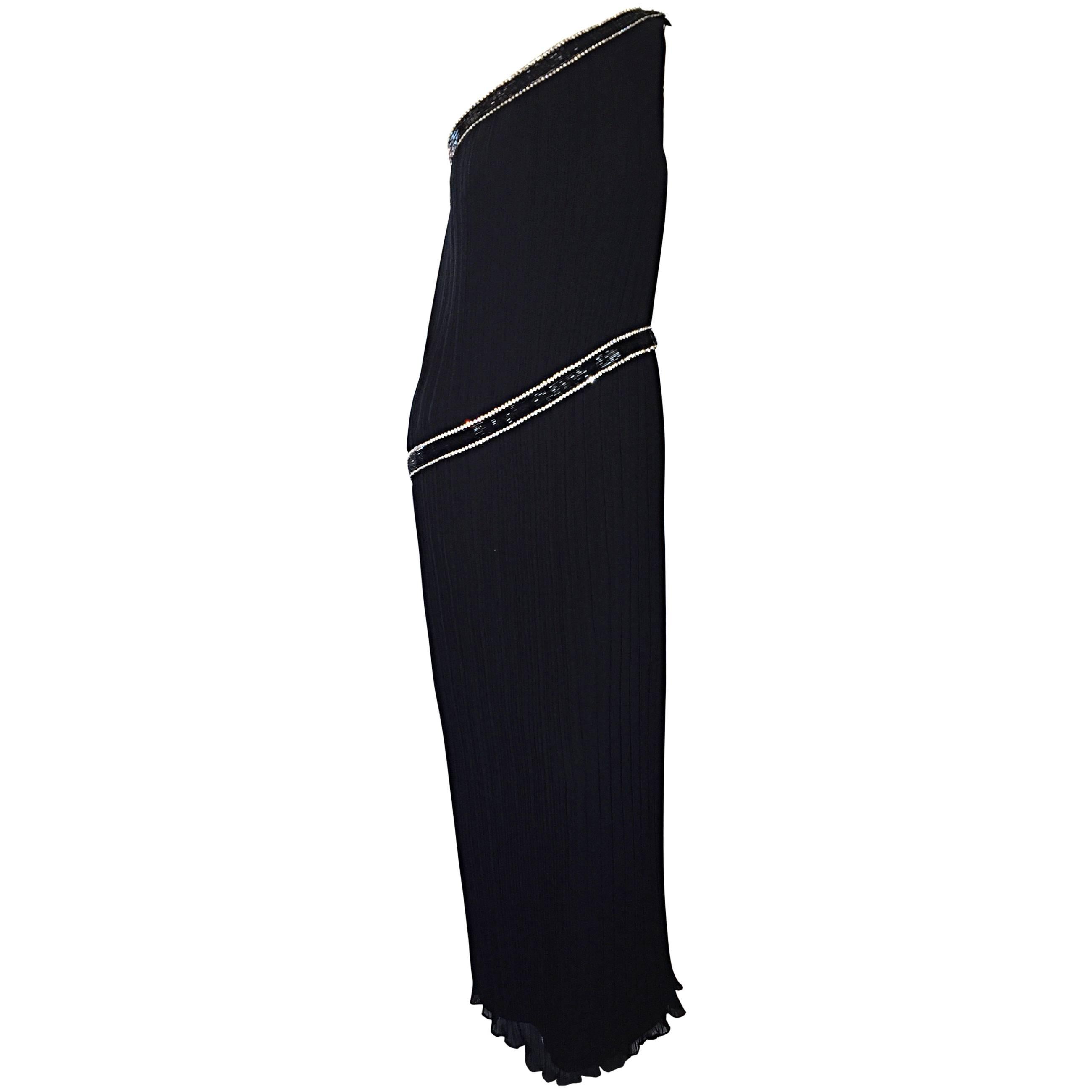 Jill Richards for I. Magnin Black Silk Plisse One Shoulder Rhinestone Gown Dress For Sale