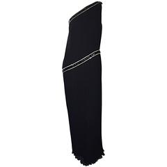 Jill Richards for I. Magnin Black Silk Plisse One Shoulder Rhinestone Gown Dress