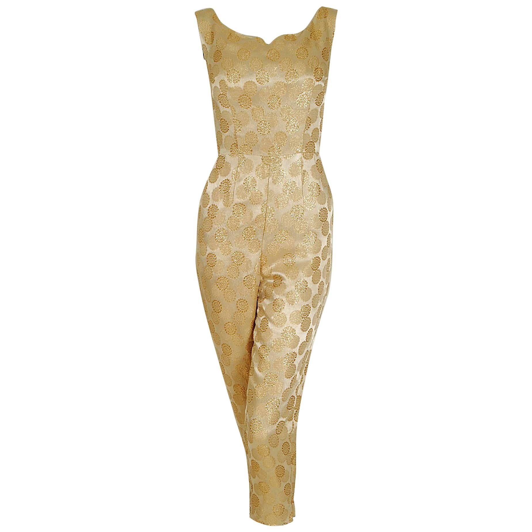 1950's Bullocks Wilshire Metallic-Gold Lame Silk Hourglass Jumpsuit & Skirt