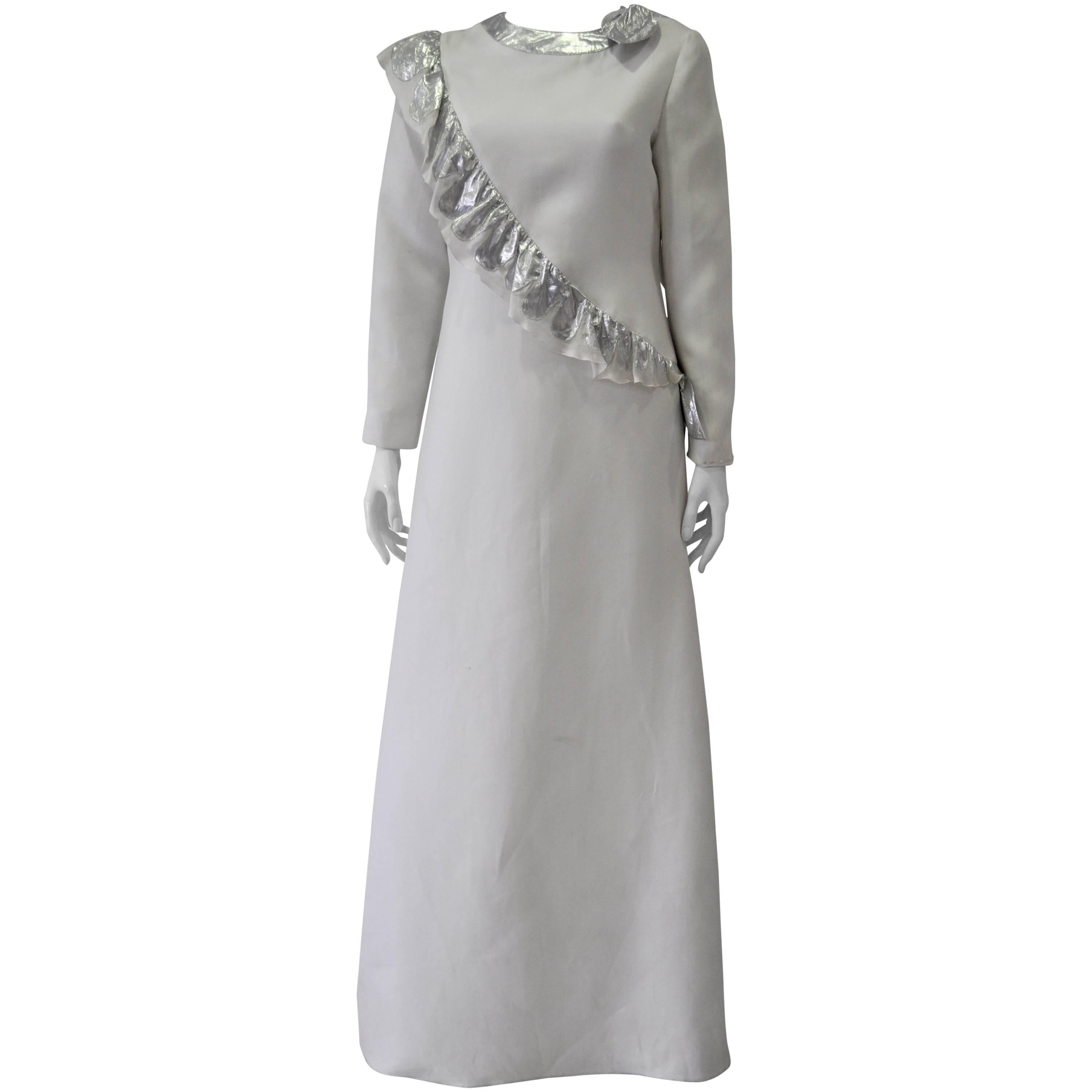 Museum Quality Courreges Metallic Ruffle Sash Evening Gown For Sale