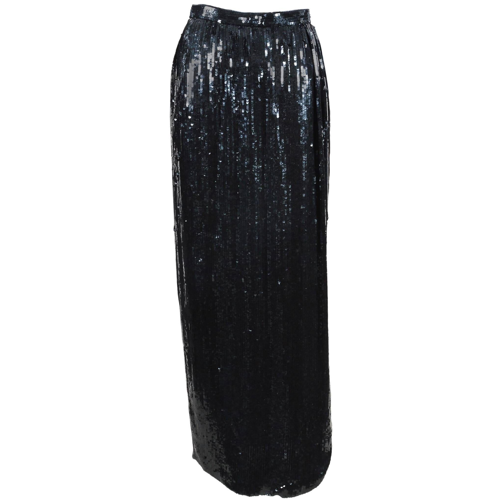 Vintage Carolina Herrera Black Sequin Maxi Column Skirt SZ 10 For Sale