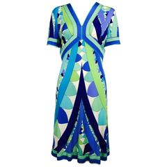 Vintage Emilio Pucci Vivara blue green aqua silk jersey print dress 1960s