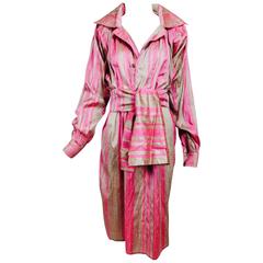 Vintage raw silk pink/bone shift dress with wide waist wrap 1970s 12