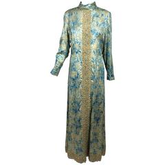 Vintage Lisa Meril beaded blue & gold metallic brocade maxi dress 1960s 18