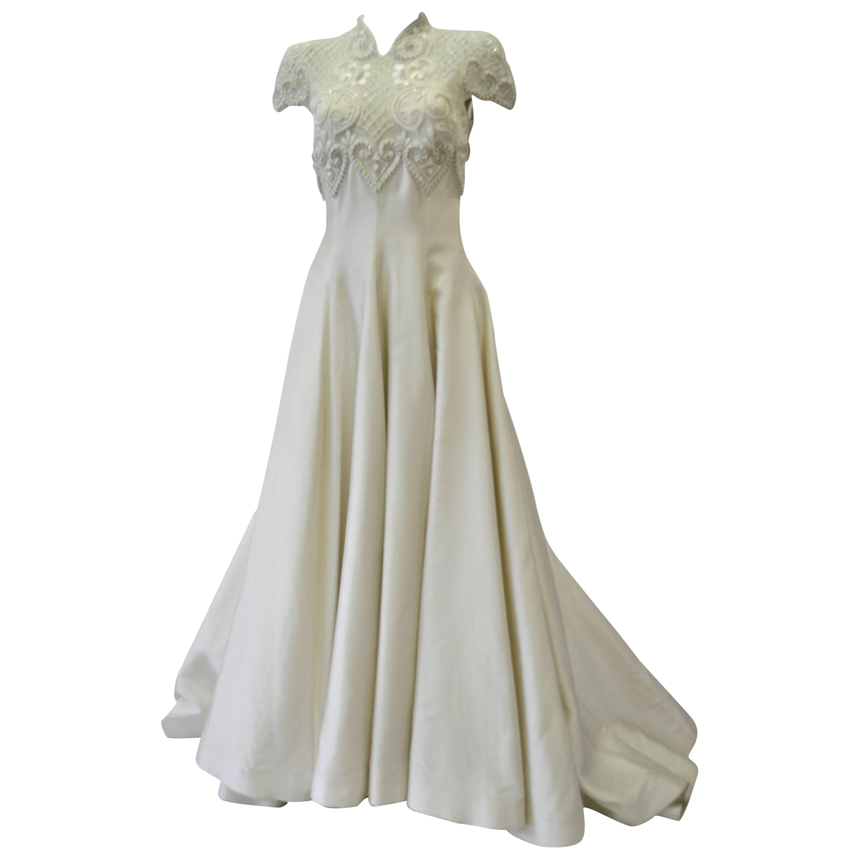 Important Pino Lancetti Hand Embroidered Duchess Satin Wedding Gown For Sale