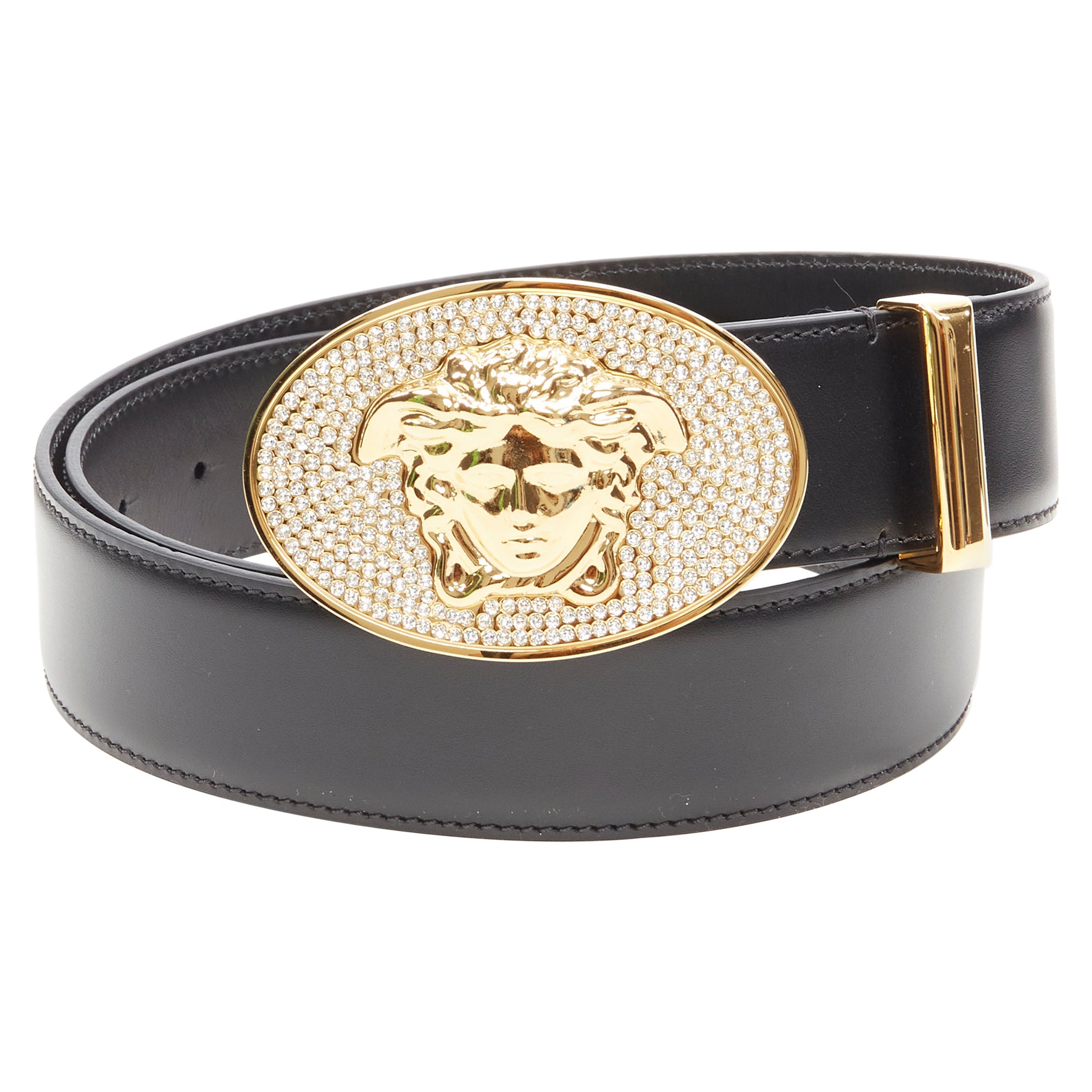 new VERSACE crystal strass embellished Medusa gold buckle black belt 85cm  34" For Sale at 1stDibs
