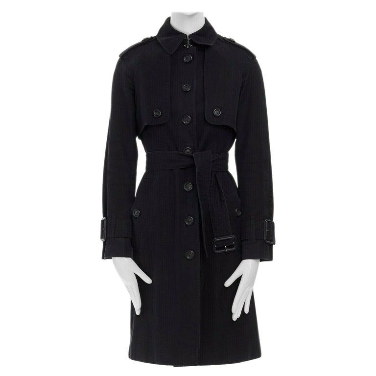 BURBERRY black cotton house check lined button front mid length trench coat  S For Sale at 1stDibs