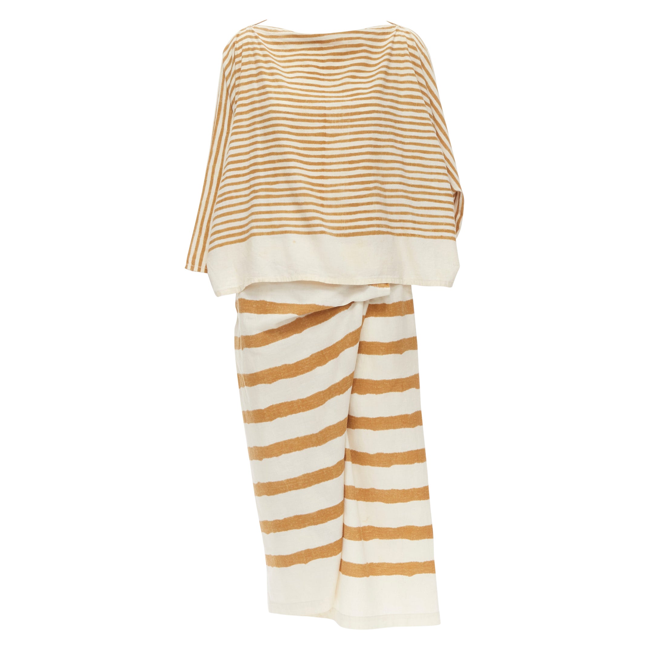 ISSEY MIYAKE 1980's Vintage beige yellow tribal stripe boxy top skirt set For Sale