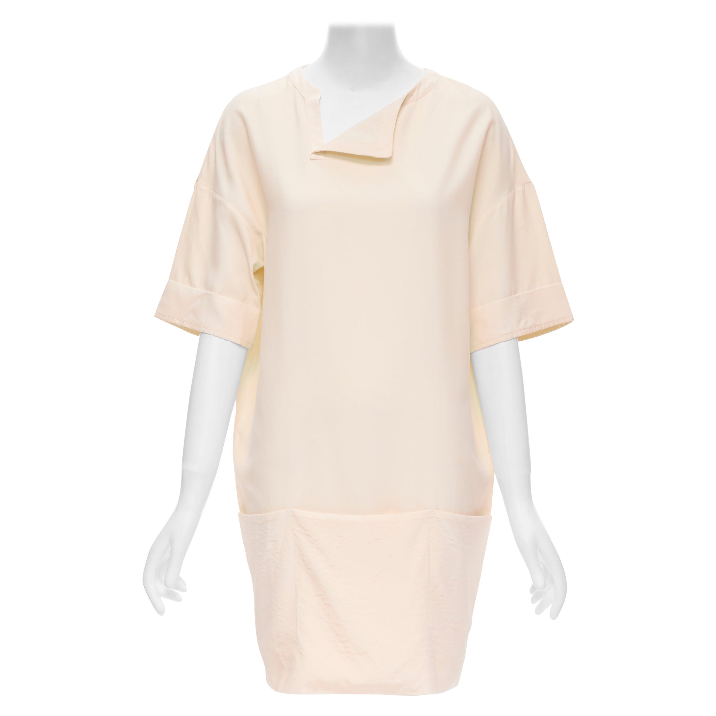 THE ROW ivory cream triple pocket asymmetric collar boxy silk dress US0 XS For Sale