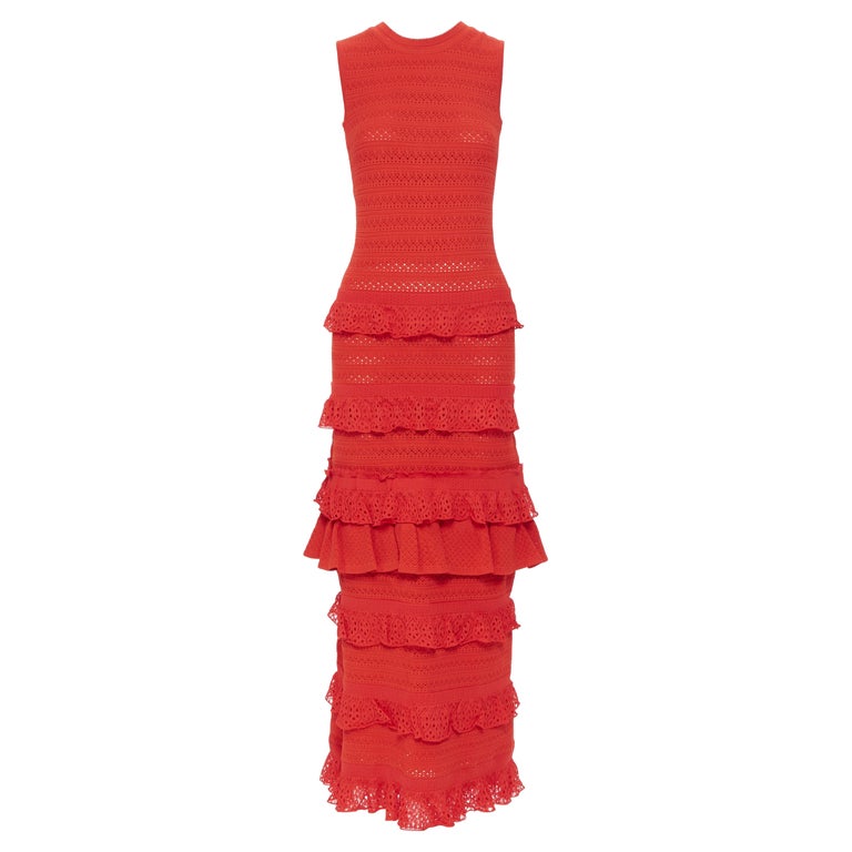 OSCAR DE LA RENTA 2017 Rotes gestricktes Kleid mit gestricktem  Rüschenbesatz XS im Angebot bei 1stDibs