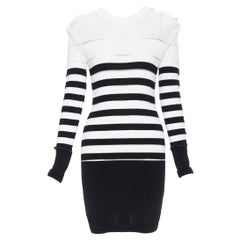 new BALMAIN black white sheer mesh stripe military crochet knit bodycon dress S