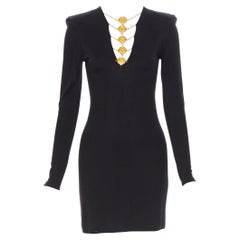 new BALMAIN black gold military coin chain necklace bodycon dress FR34 XS