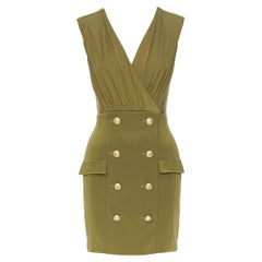 new BALMAIN military khaki green gold double breasted wrap bodycon dress IT38