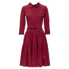 OSCAR DE LA RENTA 2015 dark red cotton blend belted flared skirt dress US0 XS