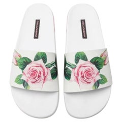 Dolce & Gabbana Pink Leather Floral Tropical Rose Flats Slides Shoes Sandals 