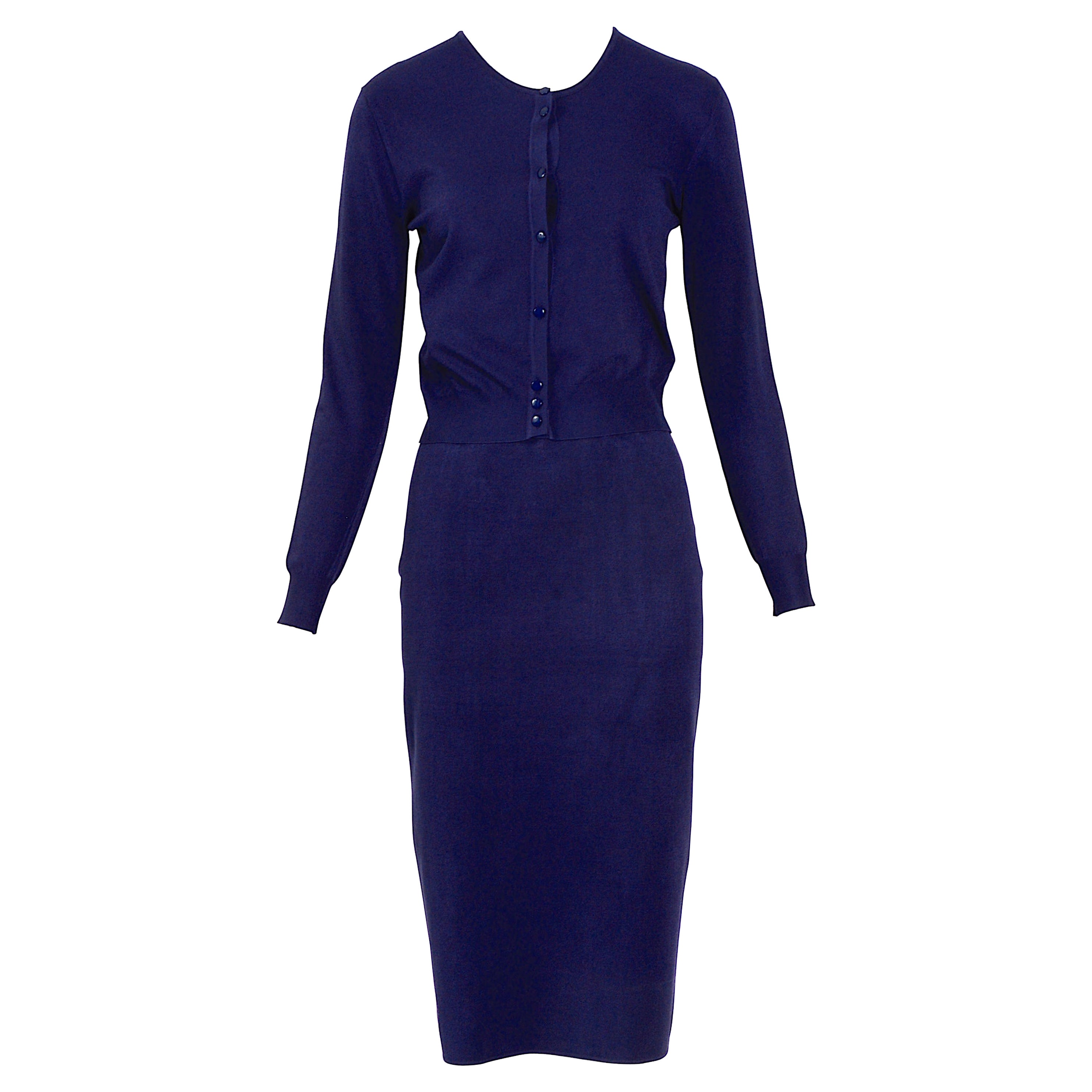 Alaia vintage 1990s midnight blue viscose mix stretch cardigan & skirt set. For Sale