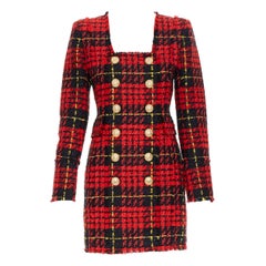 new BALMAIN Runway red black checked tweed double breasted military dress FR34
