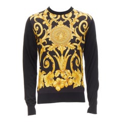 new VERSACE black gold Barocco Hibiscus Medusa 100% silk knit sweater IT48 M