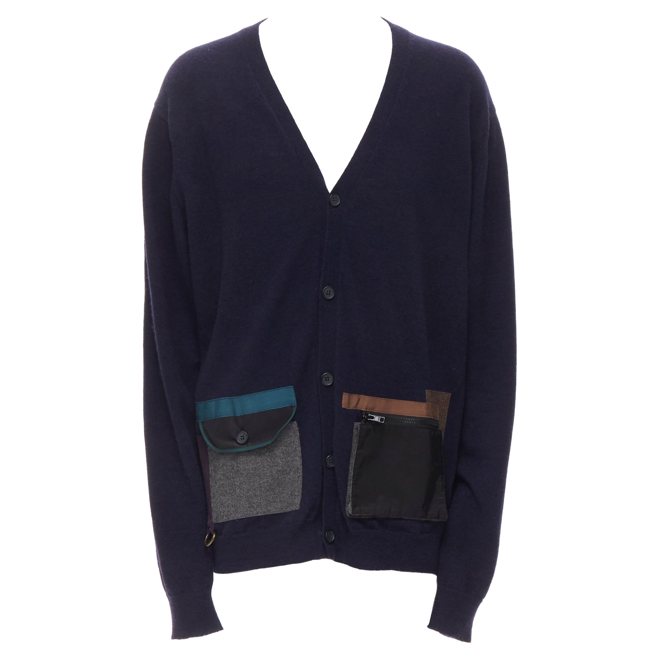 KOLOR Japan navy blue  wool knit mixed technical pockets cardigan JP5 XXL For Sale