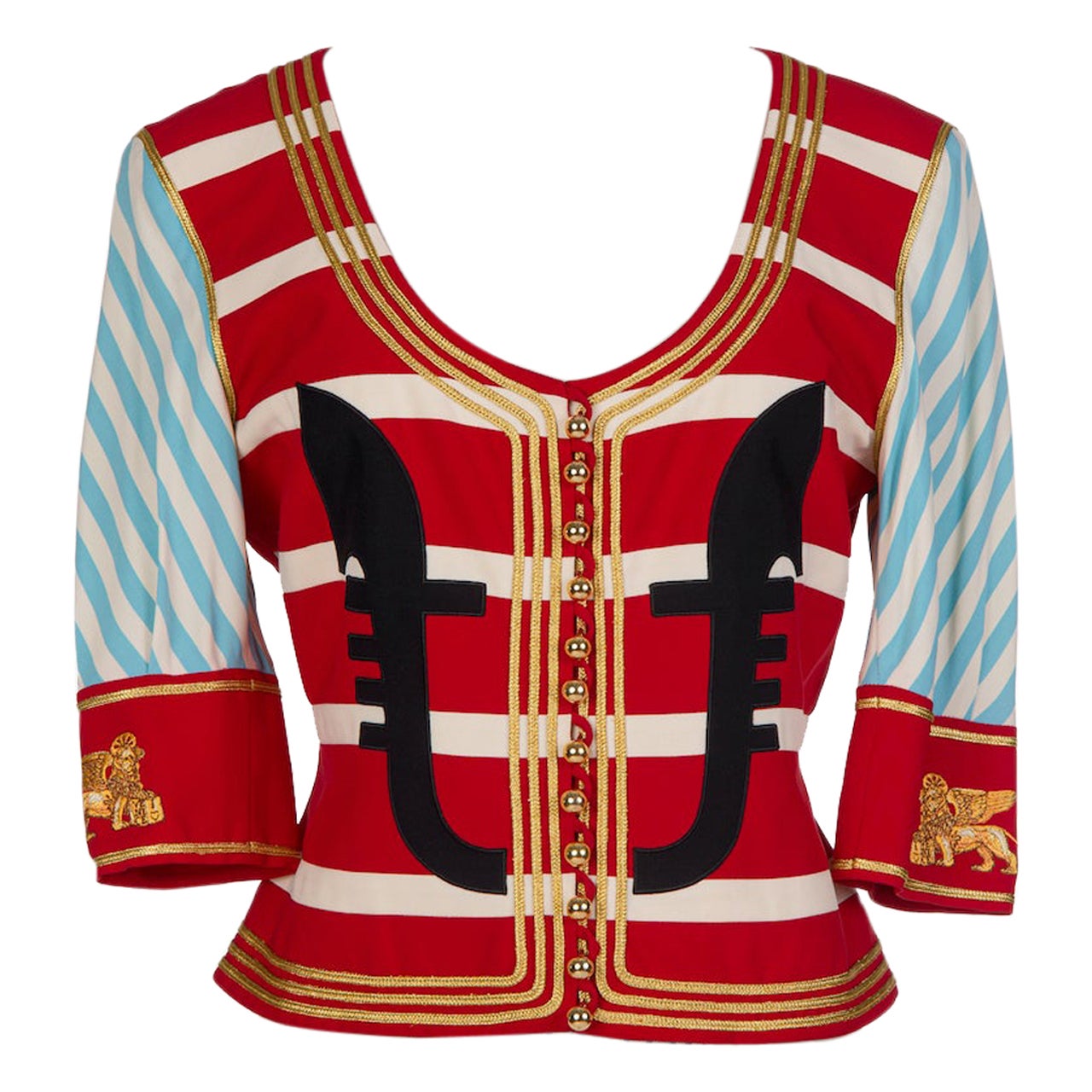 1989 MOSCHINO COUTURE Red Blue Venice Gondolier Jacket Cruise Me Baby Collection For Sale