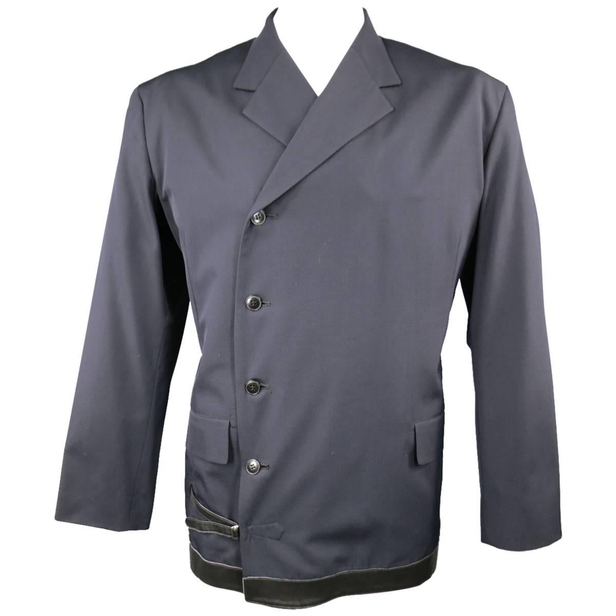 YOHJI YAMAMOTO 40 Navy Wool Asymmetrical Black Leather Details Jacket
