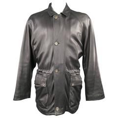 LORO PIANA 44 Black Leather Drawstring Waist Cashmere Lining 'Horsey' Jacket 10
