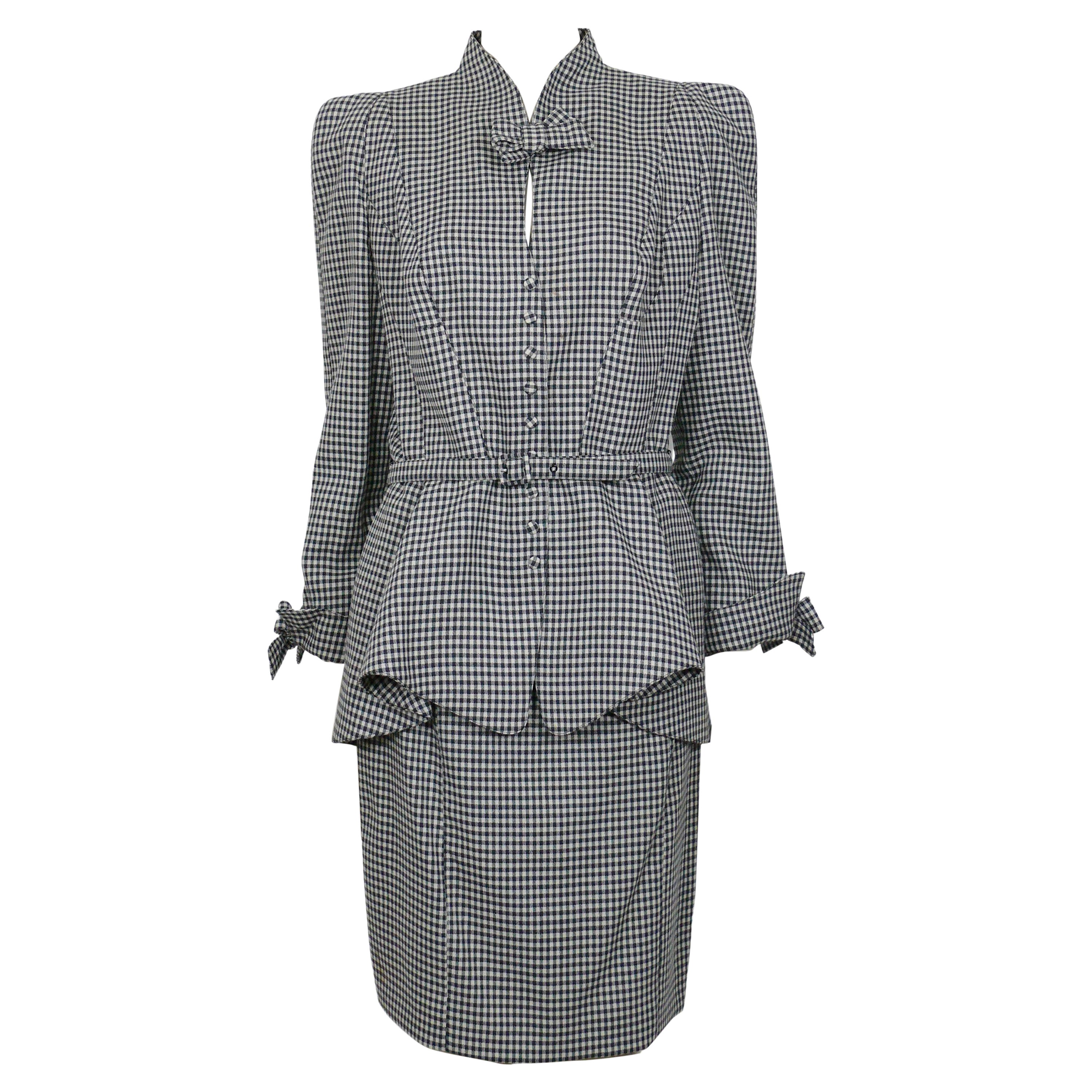Thierry Mugler Vintage Black Gingham Print Worsted Wool Skirt Suit For Sale