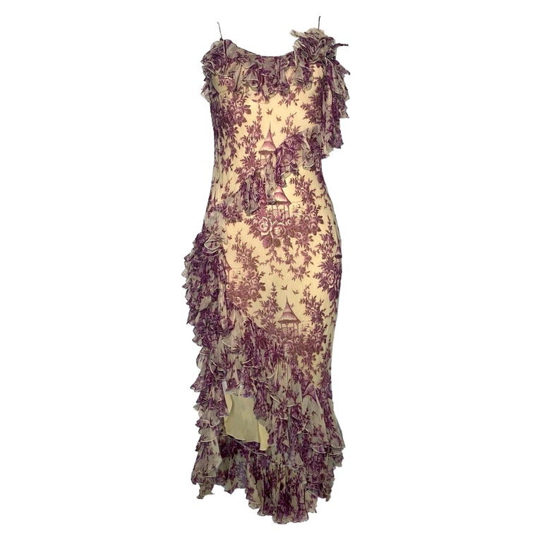 John Galliano F/W 2003 pink “Toile de Jouy” ruffled silk dress at 1stDibs
