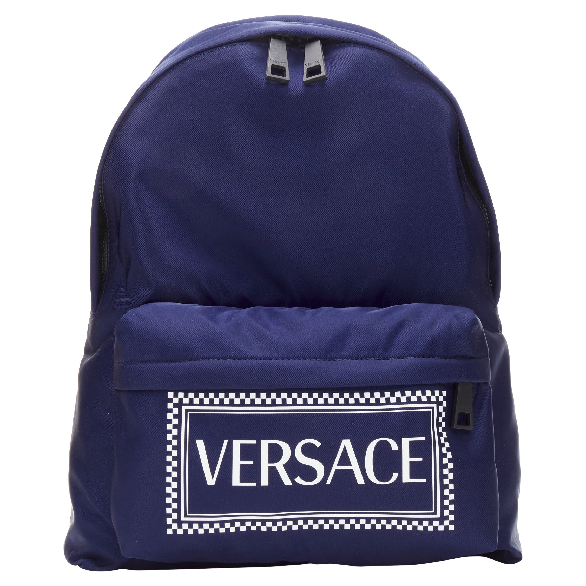 new VERSACE 90's Box Logo navy blue nylon Greca strap backpack en vente