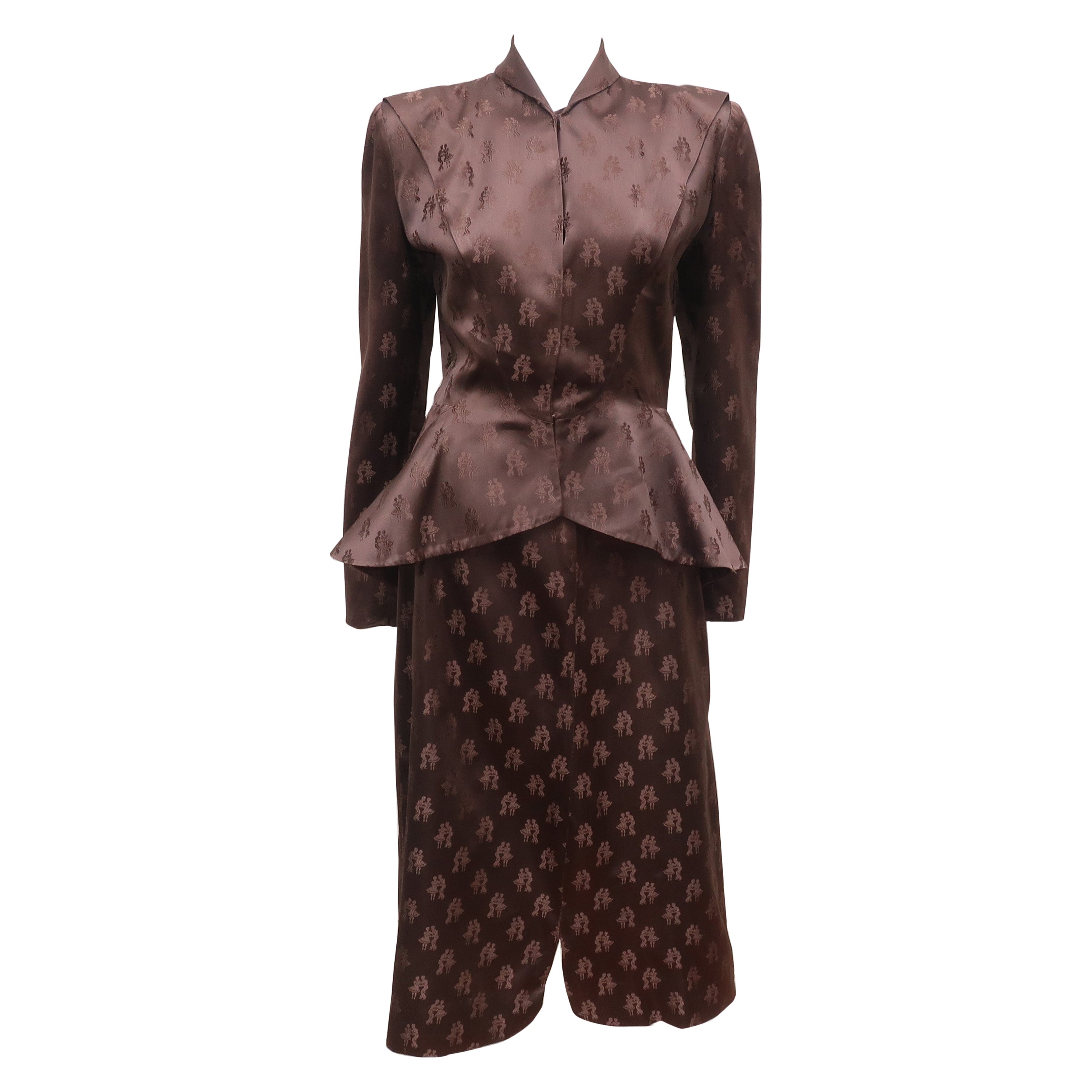 Mildred O'Quinn Brown Satin Jacquard Peplum Skirt Suit, 1940's For Sale