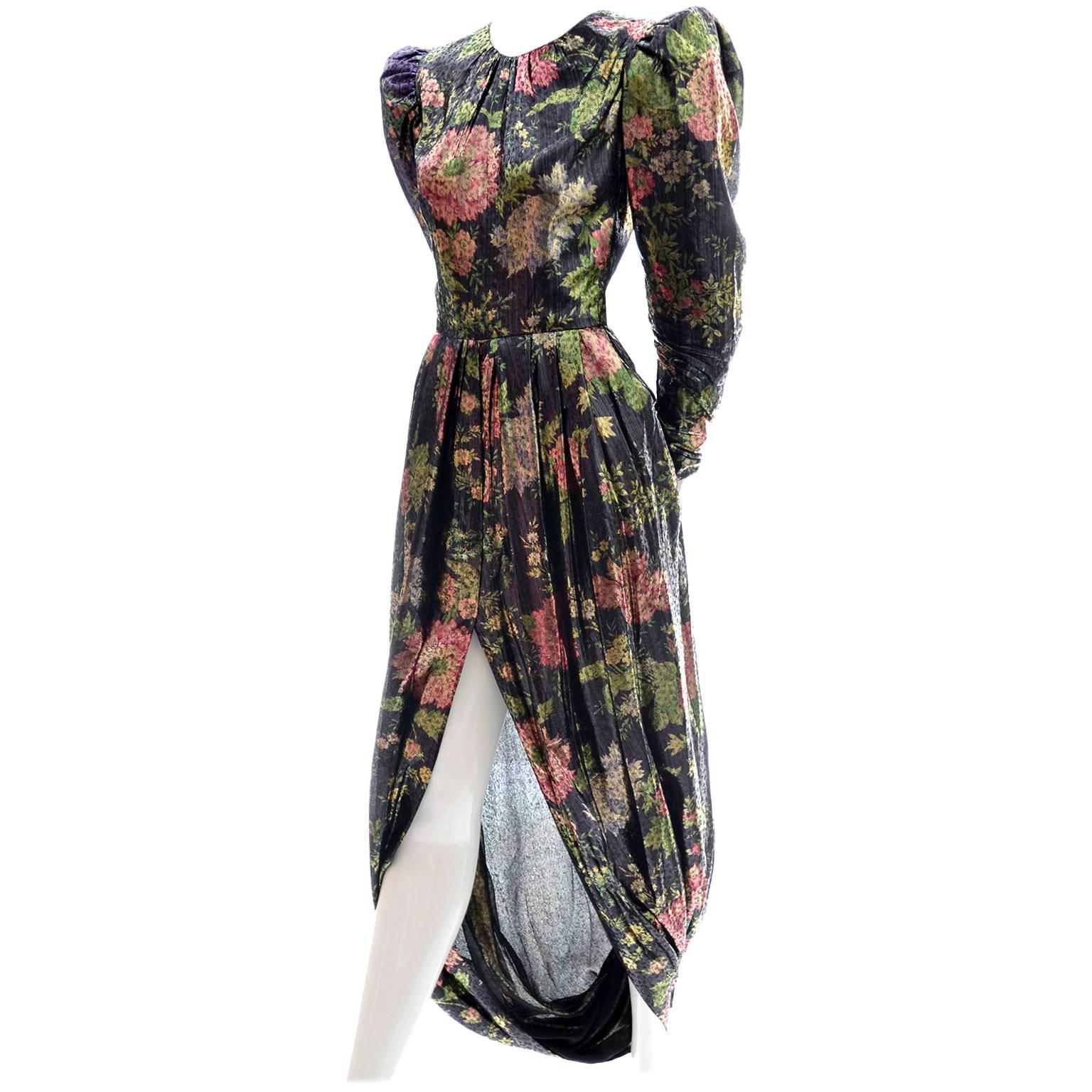 Arnold Scaasi Metallic Floral Vintage Dress Front Slit Evening Semi Bubble Hem