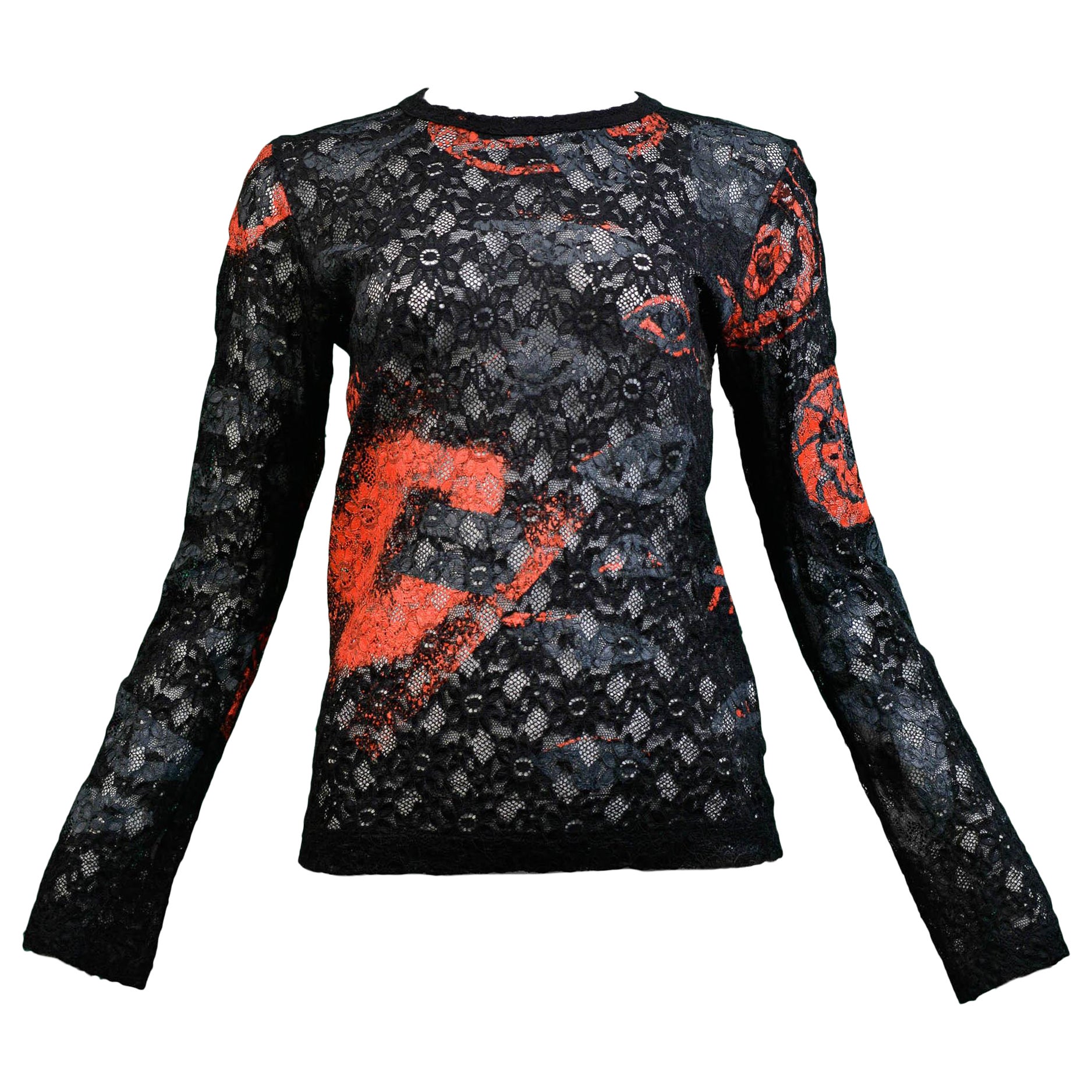 Comme Des Garcons Black Red & Grey Printed Lace Top 2000 For Sale