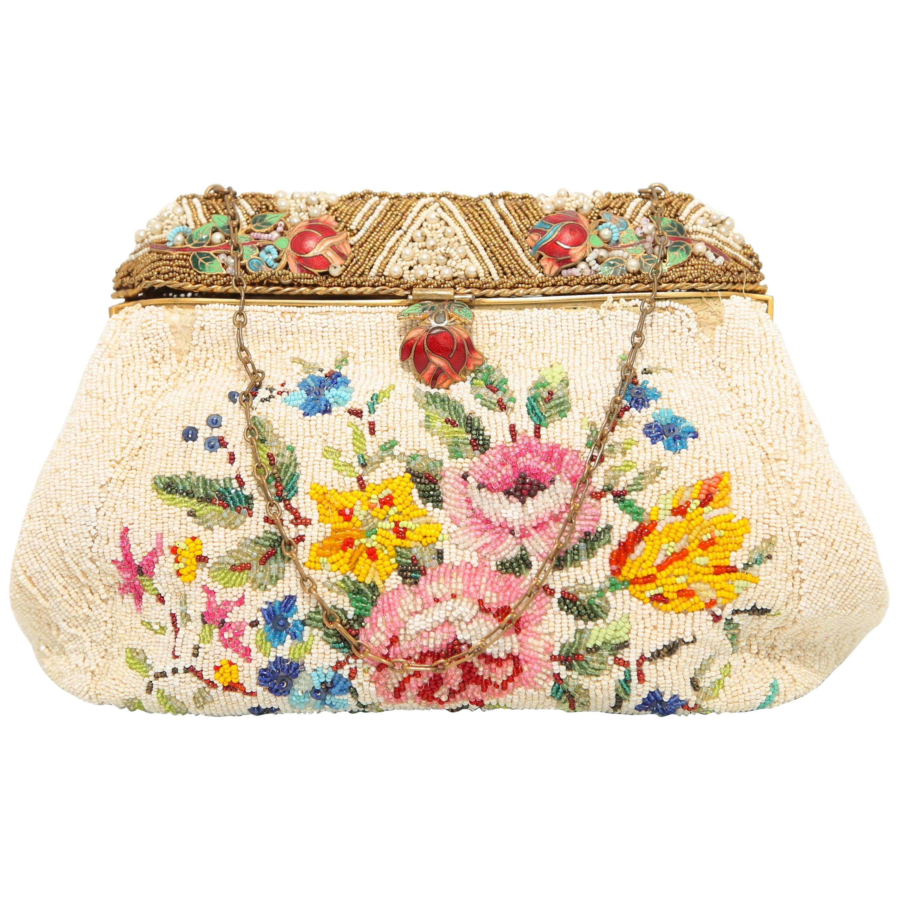 1920s fully beaded bag with floral pattern enamel handle with small pearls  