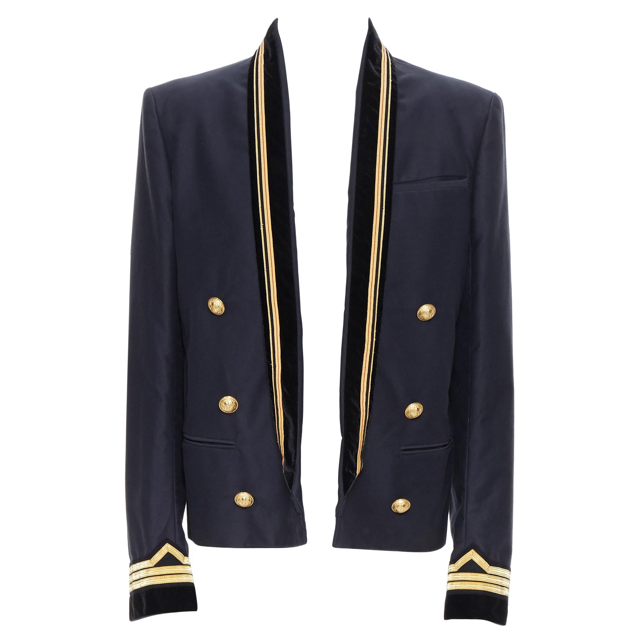 new BALMAIN navy cotton velvet military shawl collar double breasted jacket EU52 For Sale