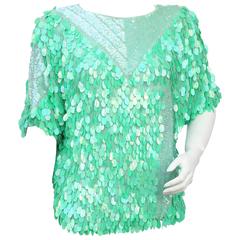 1980s vibrant green large sequin and beaded top  