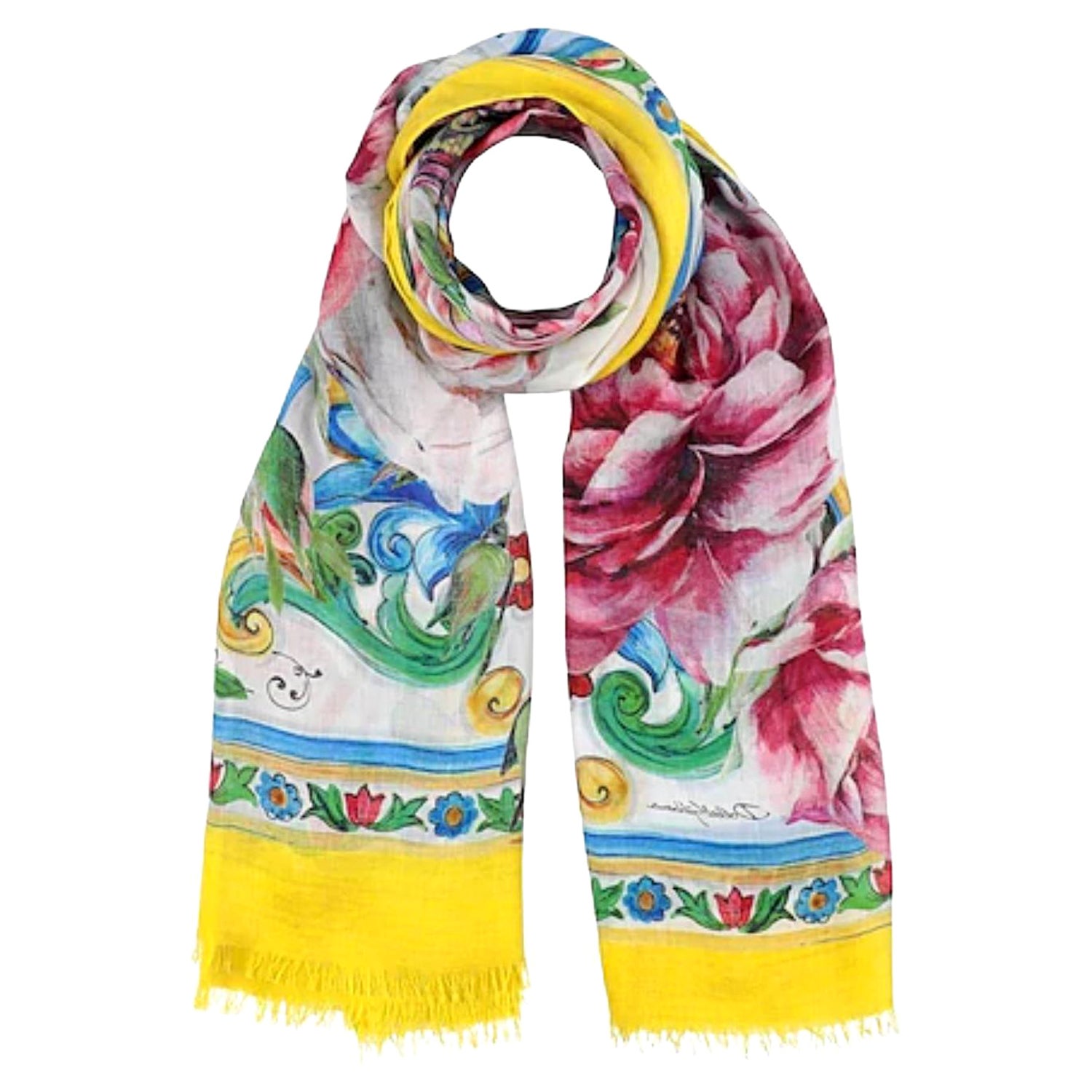 Dolce and Gabbana Multicolor Cashmere Blend Sicily Majolica Rose Scarf Wrap  Floral For Sale at 1stDibs
