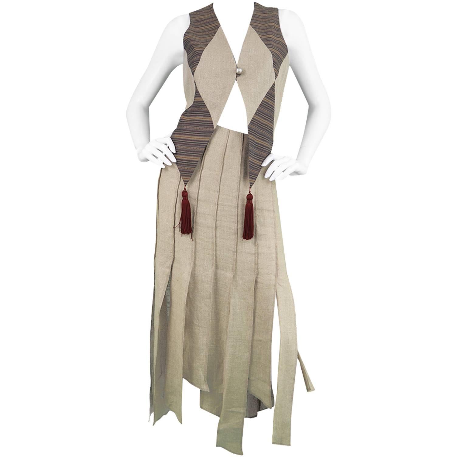 1980er Jahre Vintage Moschino Harlekin Quaste Weste & Dekonstruierter Leinenrock Set