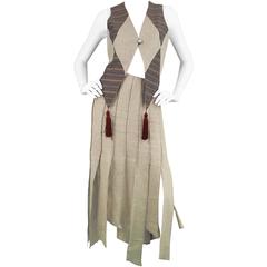 Moschino Ensemble vintage gilet à pampilles et jupe en lin déconstruite à motif arlequin, années 1980