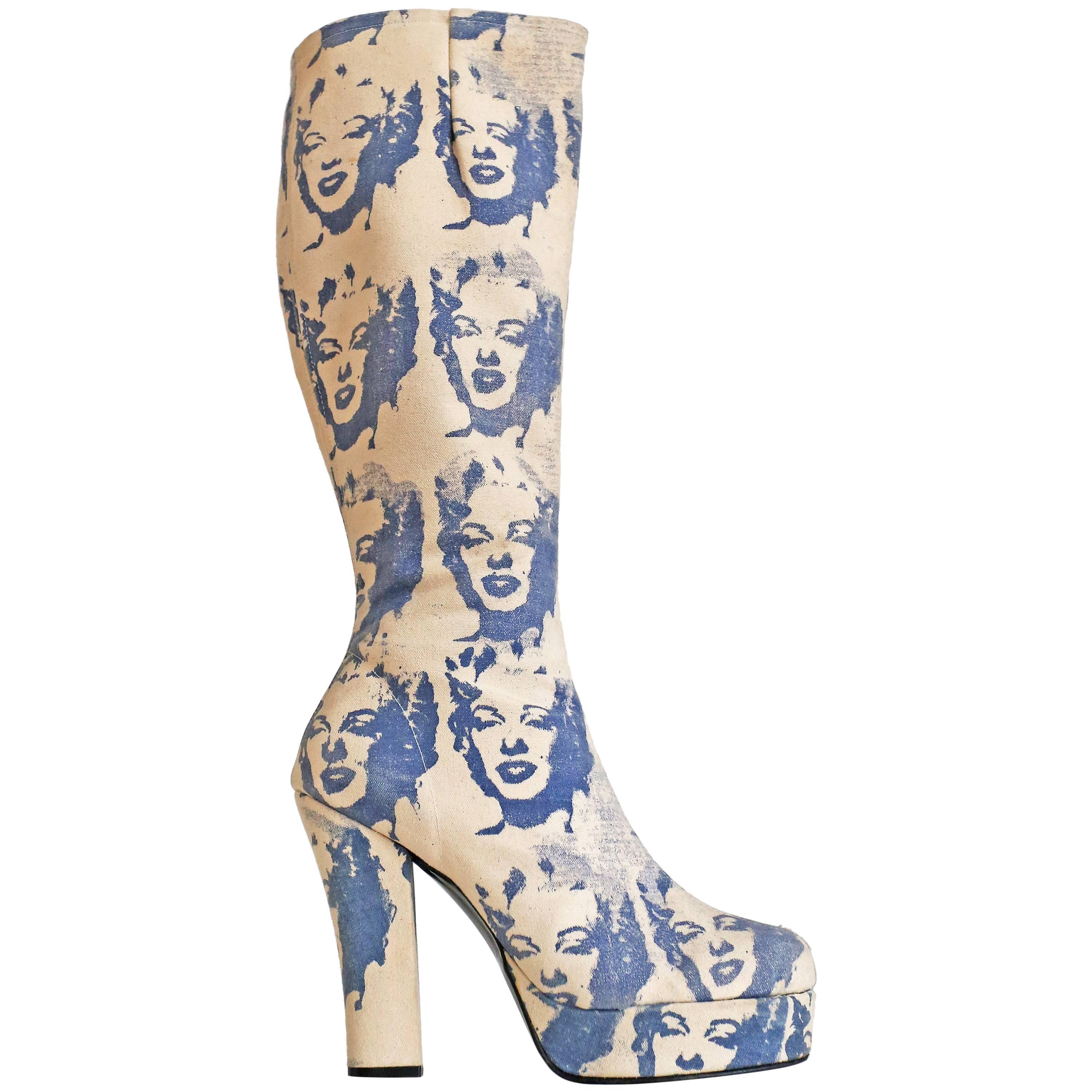 Platform boots with screen printed Andy Warhol Marilyn Diptych print, c. 1960s For Sale