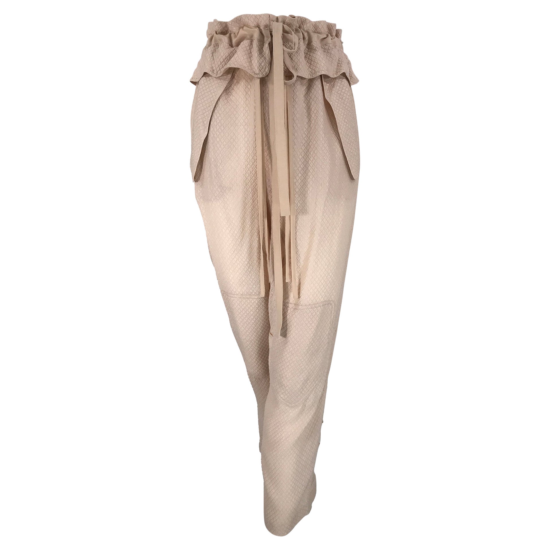 Chloe Taupe Diamond Weave Silk Paper Bag Waist Gathered Tie Leg Trouser For Sale
