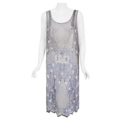 Vintage 1920er Jahre Periwinkle Perlen Strass Seide Chiffon Ausschnitt Flapper Kleid