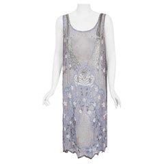 Vintage 1920's Periwinkle Beaded Rhinestone Silk Chiffon Cut-Out Flapper Dress